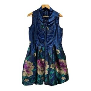 Samuel Dong Jacquard Navy Floral Dress Coat M Bubble Hem Sleeveless PTP 19.5”